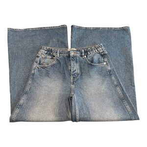 Free People Jeans Blue Denim Extra Wide Leg Flared Button Fly We The Free Sz 25